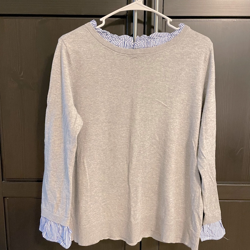 Loft XL gray light sweater with pinstripe ruffle neck and cuffs
